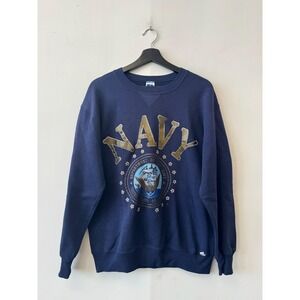 Vintage Russell Athletic Navy Sweatshirt Mens Medium Blue Graphic Military 90s